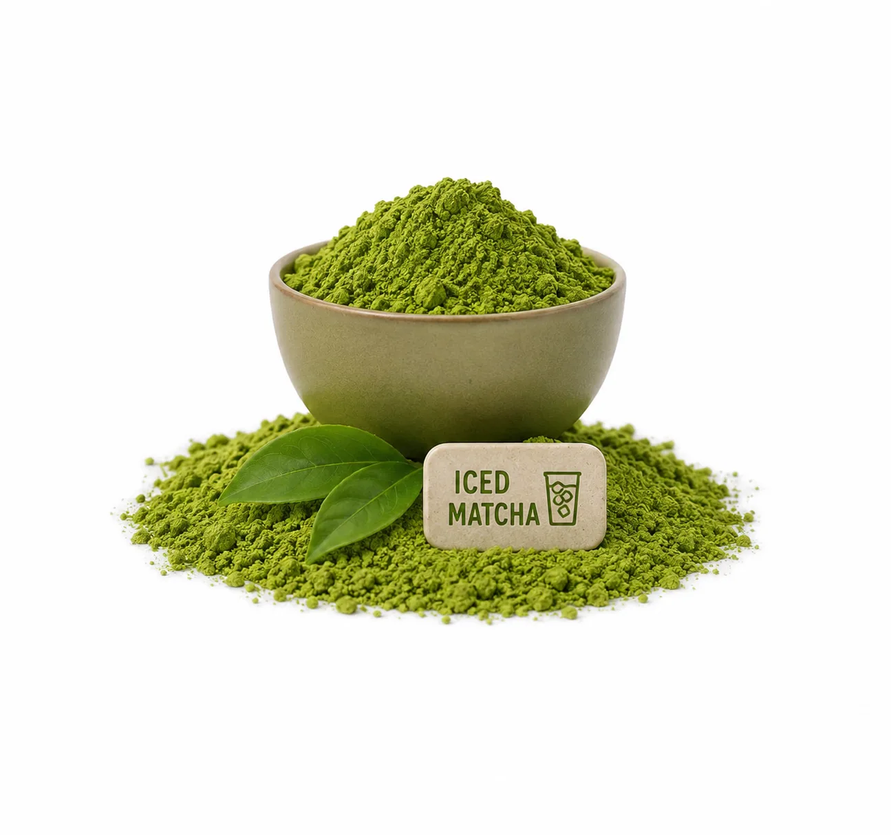 Japans matcha poeder in kom met theebladeren en bordje voor Iced Matcha
