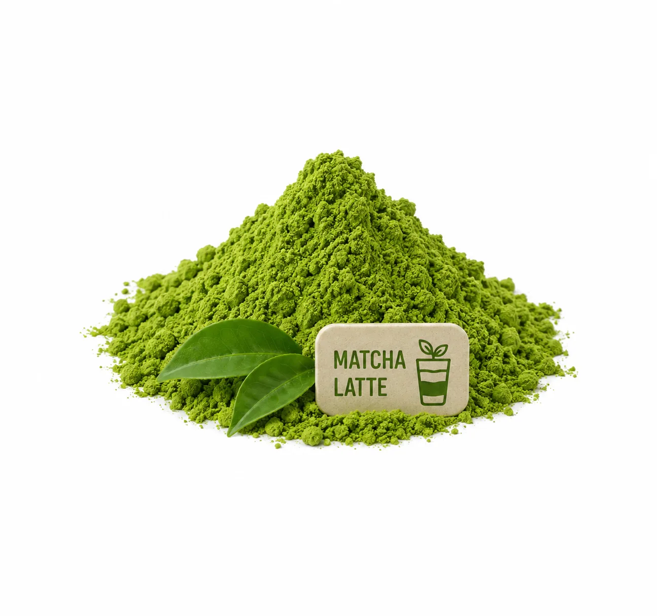 Japans matcha poeder met theebladeren en bordje voor Matcha Latte
