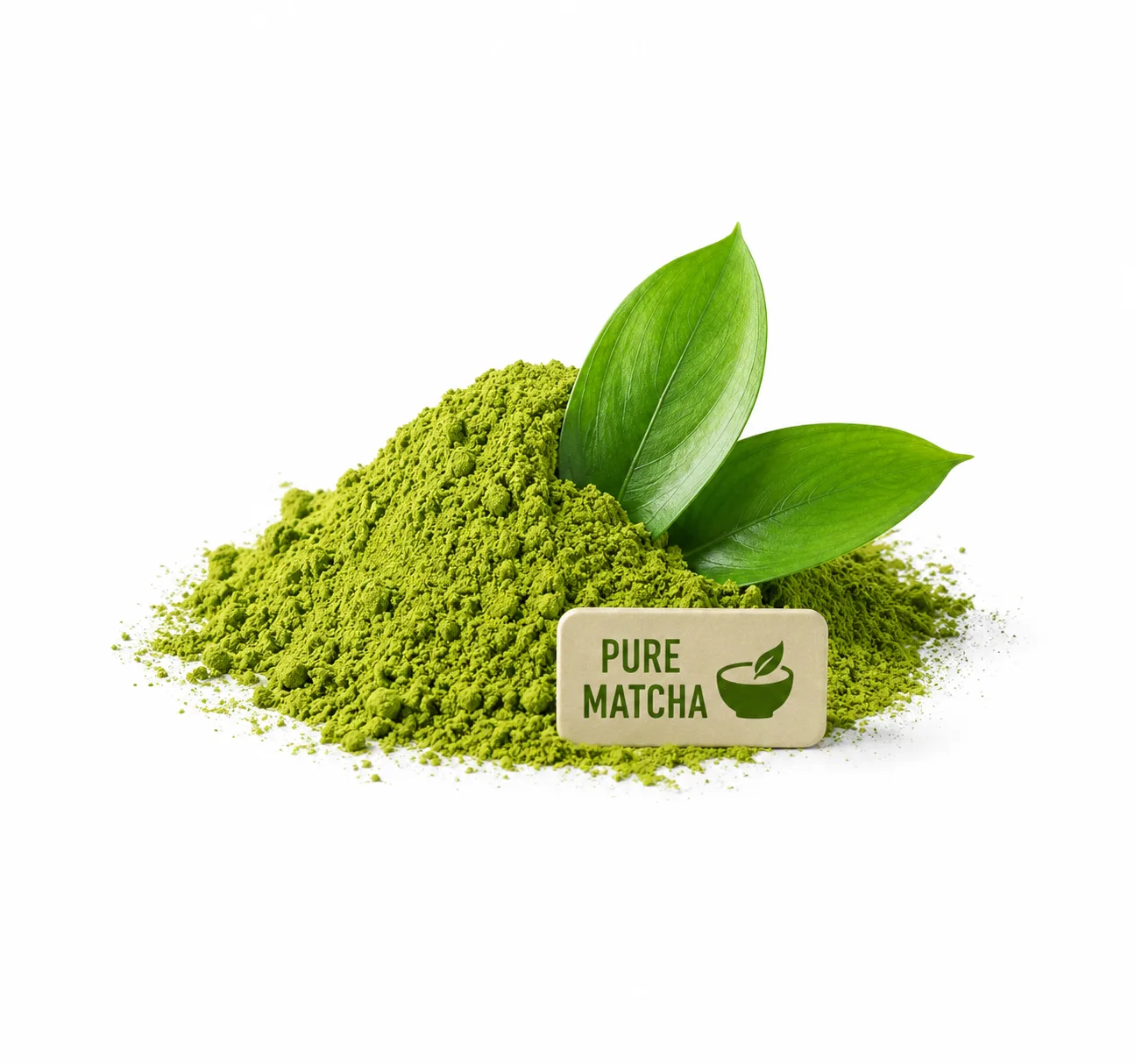 Japans matcha poeder met groene theebladeren en bordje voor matcha met heet water