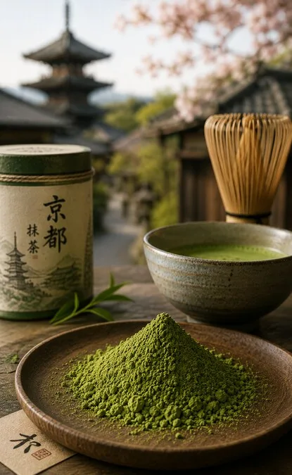 Japanse matcha kom, chasen en matcha poeder met Kyoto pagode op de achtergrond