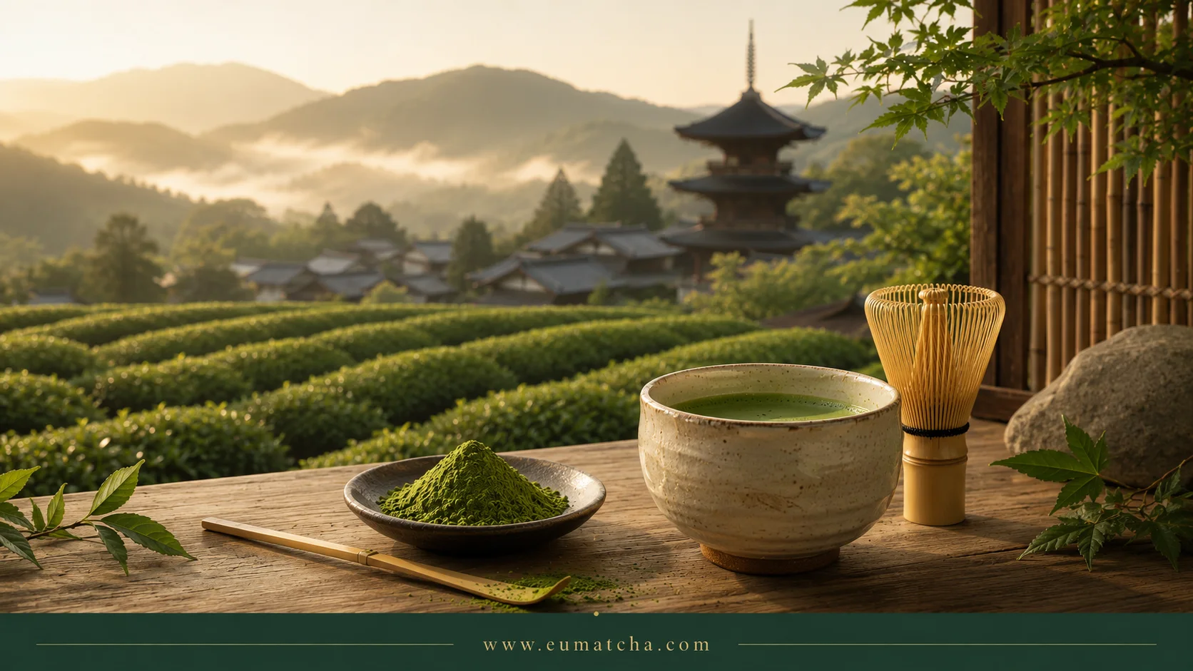 Japanse matcha op een houten tafel met theetuinen, een pagode, theekom en chasen als beeld bij de oorsprong van matcha