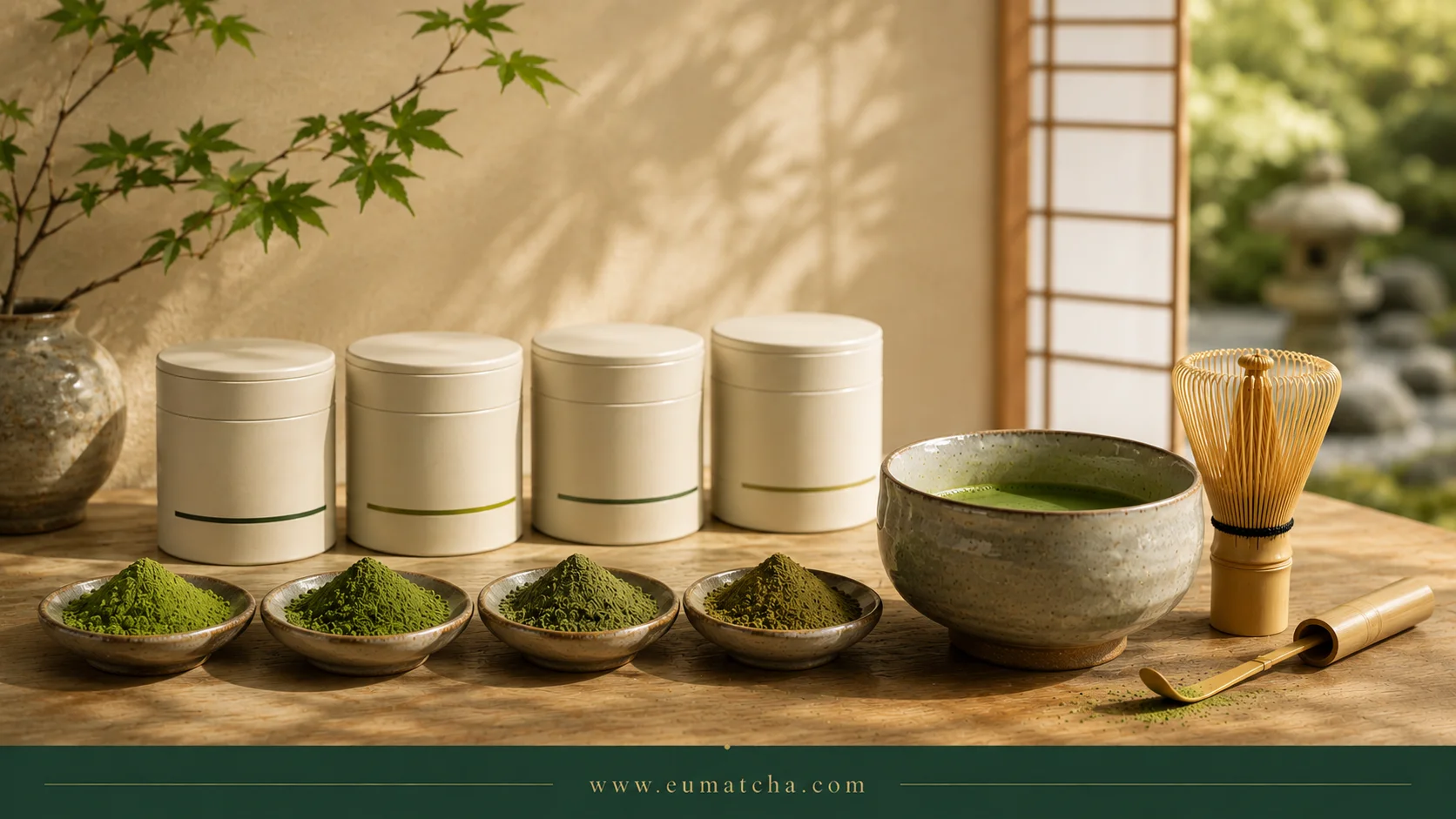 Vier soorten Japanse matcha op een houten tafel met theeblikken, theekom en chasen als beeld bij kwaliteit, prijs en matcha grades