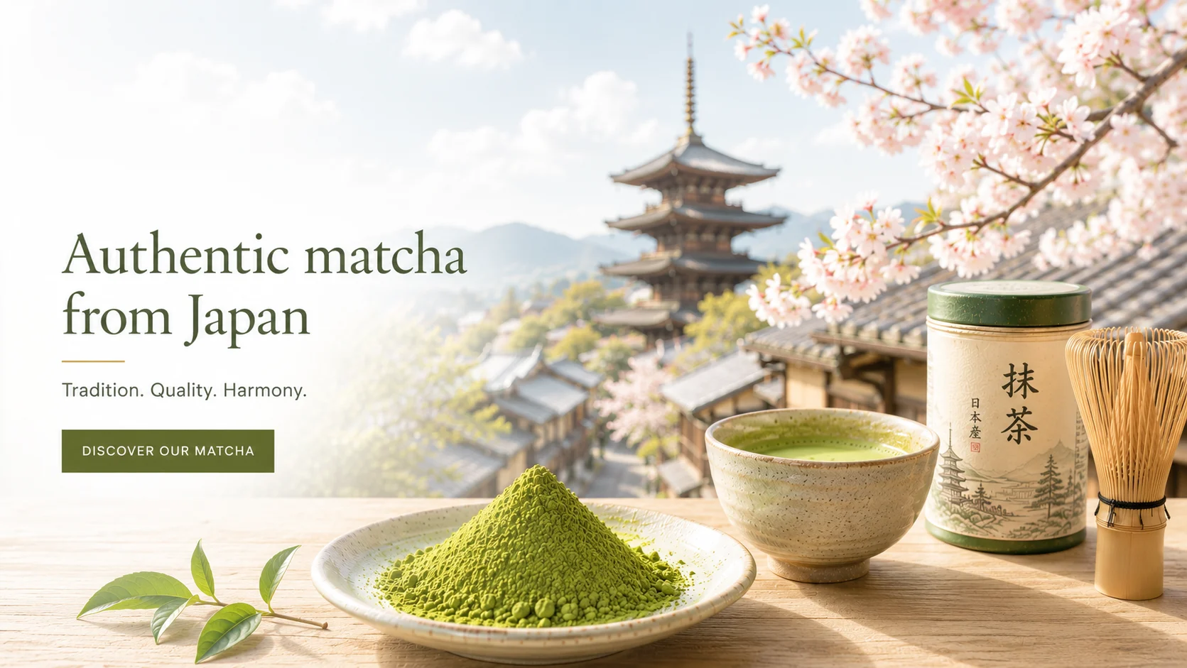 EU Matcha homepage banner met Japanse matcha, chasen klopper, theekom, kersenbloesem en Japanse pagode